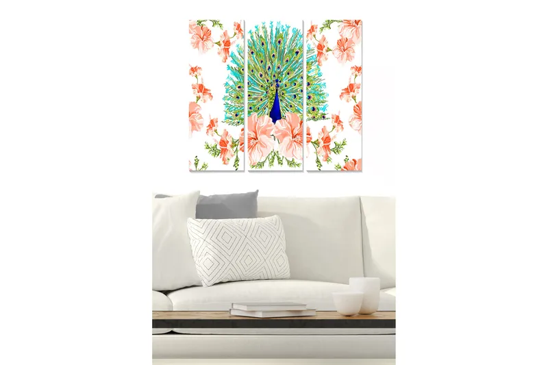 Puinen canvastaulu, 3 osaa, 50x70 cm - Upea riikinkukko kukkien ympäröimänä, Turkoosi / Vaaleanpunainen / Vihreä