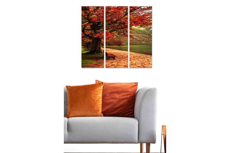 Puinen canvastaulu, 3 osaa, 50x70 cm - Upea syysmetsä punalehtisen puun ja penkin kanssa järven rannalla - Punainen / Vihreä / Beige - Sisustustuotteet - Taulu & taide - Canvas-taulu