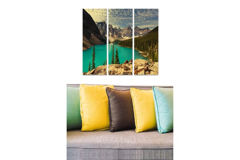 Puinen canvastaulu, 3 osaa, 50x70 cm - Upea vuoristojärvi majesteettisten vuorten ja rehevien puiden ympäröimänä, Turkoosi / Vihreä / Ruskea