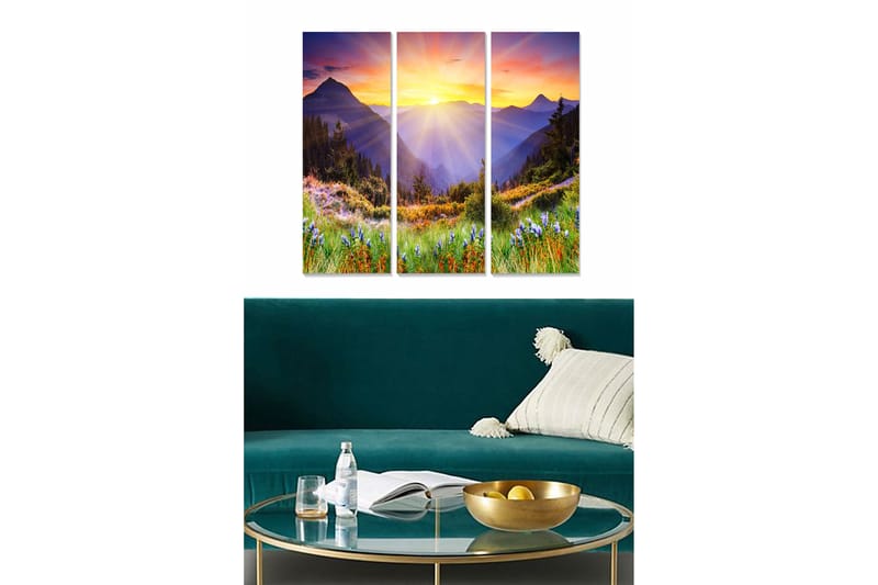 Puinen canvastaulu, 3 osaa, 50x70 cm - Upea vuoristomaisema auringonnousun ja kukkien kera etualalla, Violetti / Vihreä / Oranssi