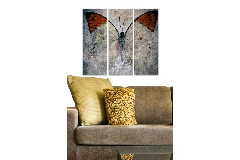 Puinen canvastaulu, 3 osaa, 50x70 cm - Upea perhonen oransseilla siivillä, Oranssi / Harmaa / Valkoinen