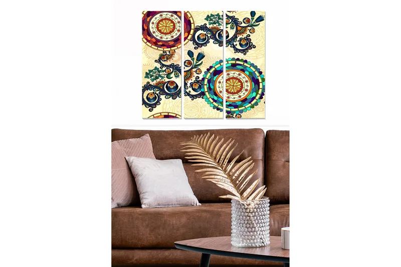 Puinen canvastaulu, 3 osaa, 50x70 cm - Värikäs abstrakti sommitelma pyöreillä kuvioilla ja yksityiskohtaisilla koristeilla, Tummansininen / Punainen / Vihreä