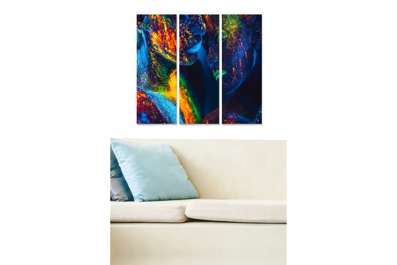 Puinen canvastaulu, 3 osaa, 50x70 cm - Värikäs abstraktio kasvoista kimaltelevilla yksityiskohdilla - Sininen / Vihreä / Oranssi - Sisustustuotteet - Taulu & taide - Canvas-taulu