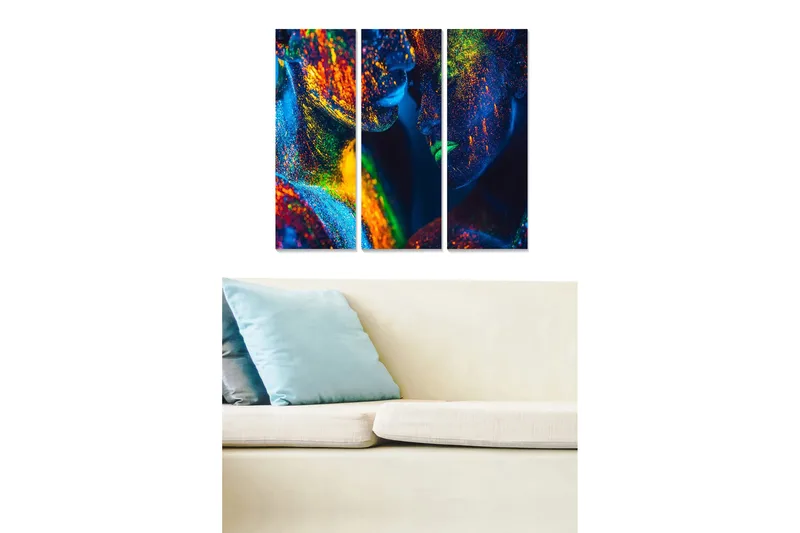 Puinen canvastaulu, 3 osaa, 50x70 cm - Värikäs abstraktio kasvoista kimaltelevilla yksityiskohdilla, Sininen / Vihreä / Oranssi