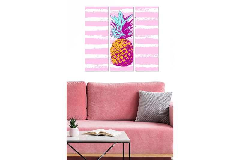 Puinen canvastaulu, 3 osaa, 50x70 cm - Värikäs ananas graafisilla viivoilla taustalla, Vaaleanpunainen / Keltainen / Violetti