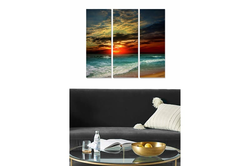 Puinen canvastaulu, 3 osaa, 50x70 cm - Värikäs auringonlasku meren yllä, Sininen / Oranssi / Vihreä