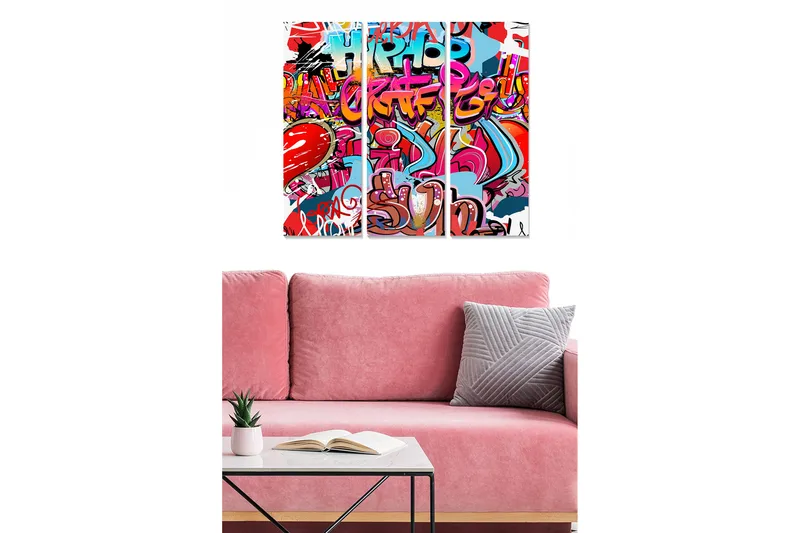 Puinen canvastaulu, 3 osaa, 50x70 cm - Värikäs graffiti urbaaneilla elementeillä ja sydänaiheilla, Punainen / Sininen / Vaaleanpunainen