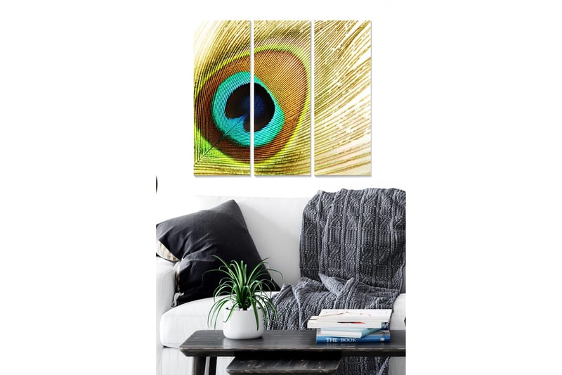 Puinen canvastaulu, 3 osaa, 50x70 cm - Värikäs höyhen silmämäisellä kuviolla, Turkoosi / Kulta / Musta
