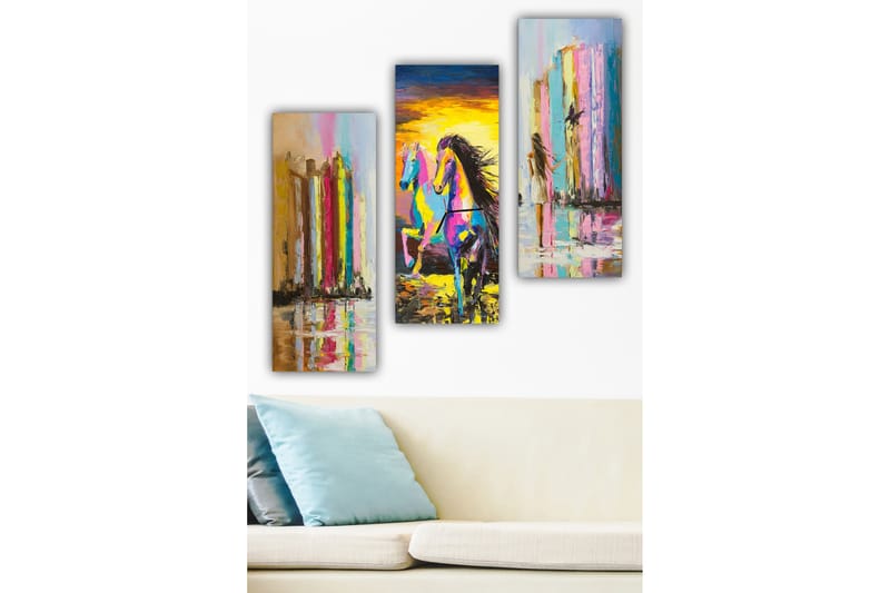 Puinen canvastaulu, 3 osaa, 50x70 cm - Värikäs hevonen liikkeessä abstraktien pylväiden edessä - Vaaleanpunainen / Keltainen / Sininen - Sisustustuotteet - Taulu & taide - Canvas-taulu