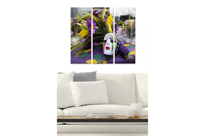 Puinen canvastaulu, 3 osaa, 50x70 cm - Värikäs juhlava kattaus naamiolla ja kukilla, Violetti / Keltainen / Vihreä