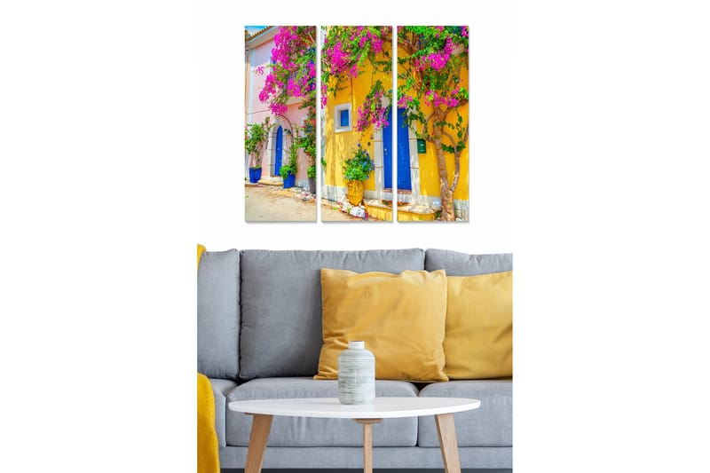 Puinen canvastaulu, 3 osaa, 50x70 cm - Värikäs julkisivu bougainvillealla ja sinisellä ovella, Vaaleanpunainen / Keltainen / Sininen