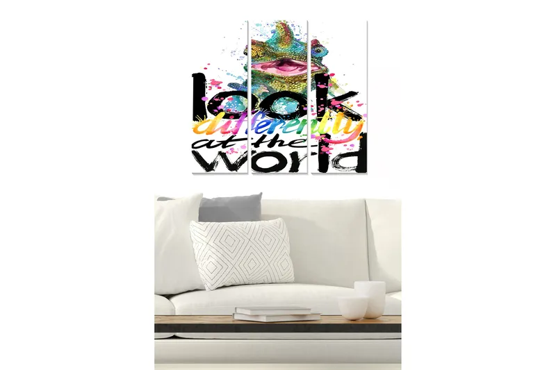 Puinen canvastaulu, 3 osaa, 50x70 cm - Värikäs kameleontti inspiroivalla tekstillä, Vihreä / Vaaleanpunainen / Musta