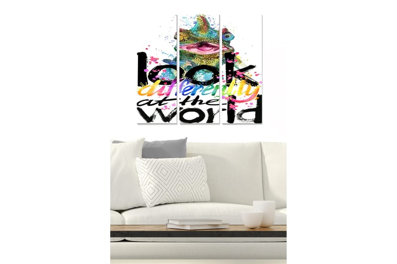 Puinen canvastaulu, 3 osaa, 50x70 cm - Värikäs kameleontti inspiroivalla tekstillä, Vihreä / Vaaleanpunainen / Musta