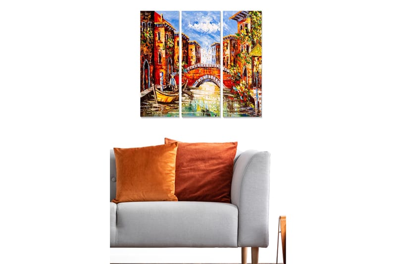 Puinen canvastaulu, 3 osaa, 50x70 cm - Värikäs kanava rakennuksineen ja veneineen, Punainen / Vihreä / Sininen