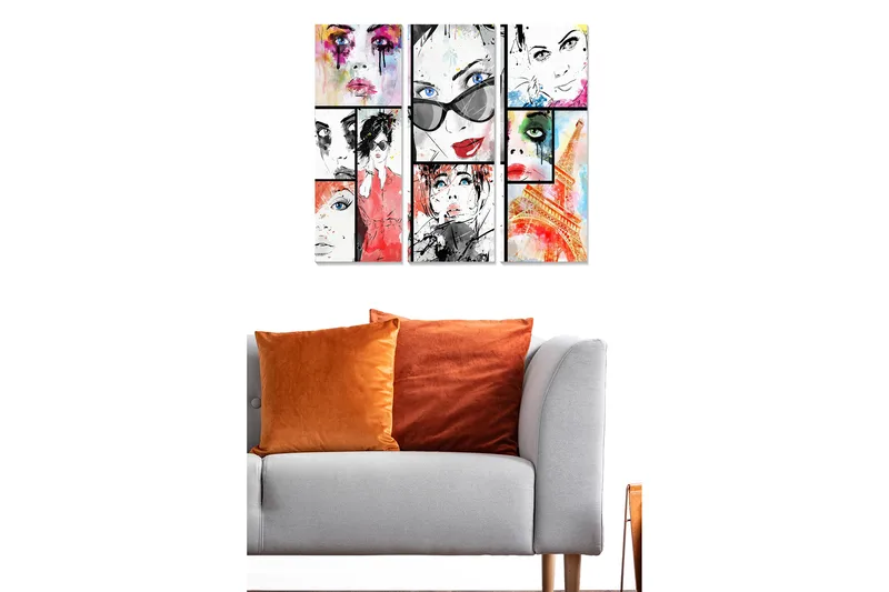 Puinen canvastaulu, 3 osaa, 50x70 cm - Värikäs kasvojen sommittelu muoti-inspiraatiolla, Punainen / Musta / Sininen