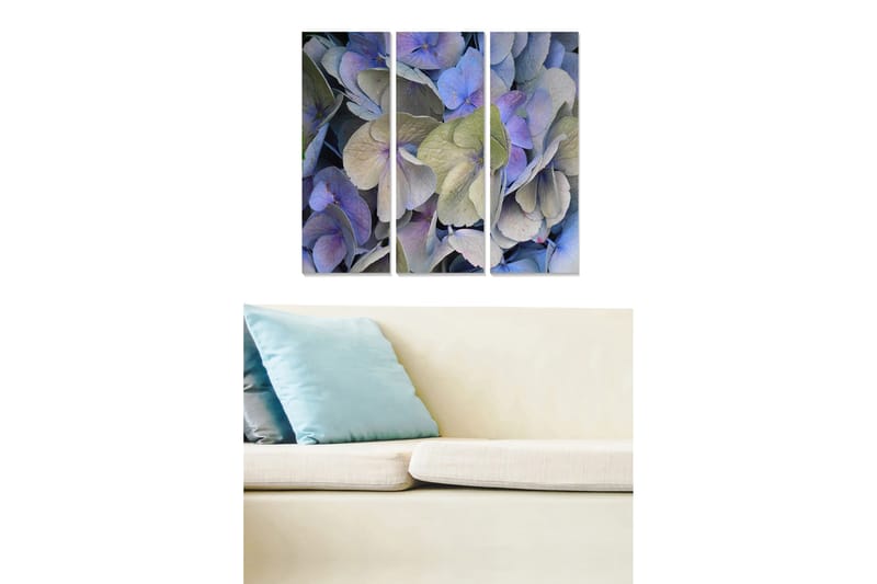 Puinen canvastaulu, 3 osaa, 50x70 cm - Värikäs kokoelma hortensioita, Violetti / Vihreä / Sininen