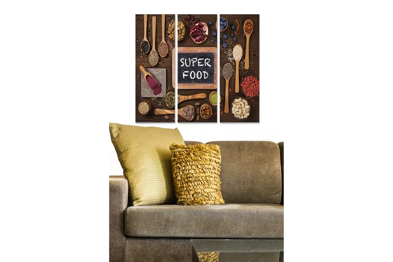 Puinen canvastaulu, 3 osaa, 50x70 cm - Värikäs kokoelma superruokia ja mausteita puupinnalla, Ruskea / Punainen / Musta