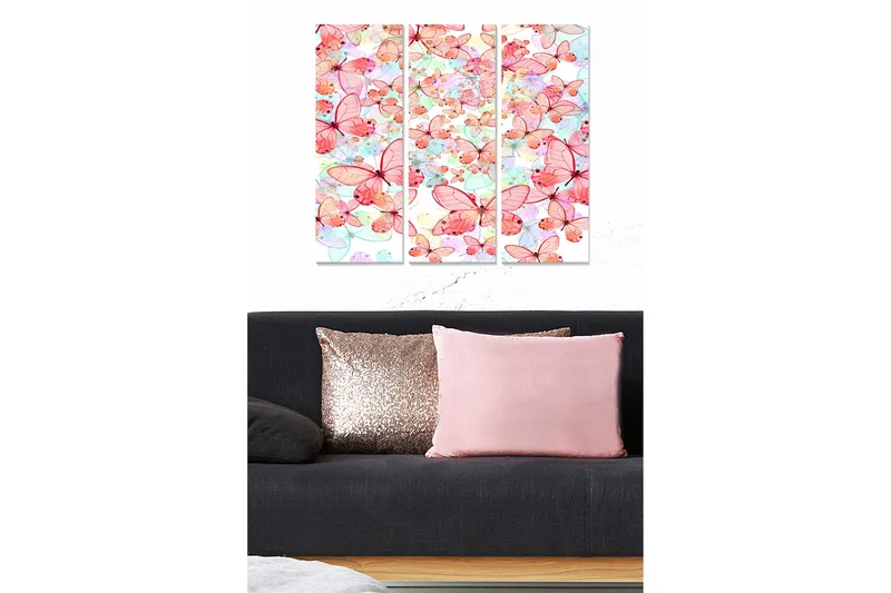 Puinen canvastaulu, 3 osaa, 50x70 cm - Värikäs kokoelma perhosia eri sävyissä, Vaaleanpunainen / Vaaleansininen / Vihreä