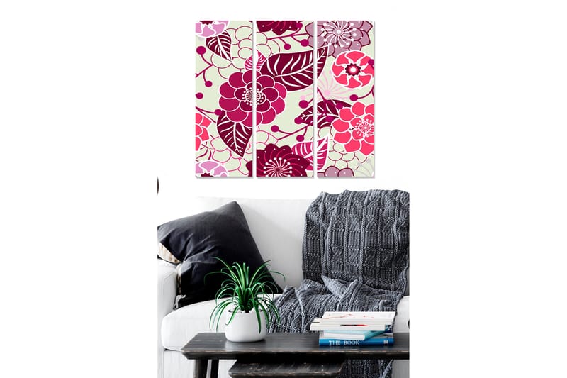 Puinen canvastaulu, 3 osaa, 50x70 cm - Värikäs kukka-asetelma tyylitellyillä kukilla ja lehdillä, Tummanpunainen / Vaaleanpunainen / Vihreä