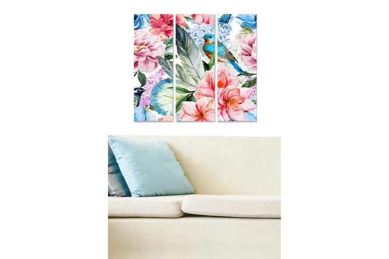 Puinen canvastaulu, 3 osaa, 50x70 cm - Värikäs kukkakimppu, jossa lintu keskipisteenä, Vaaleanpunainen / Sininen / Vihreä