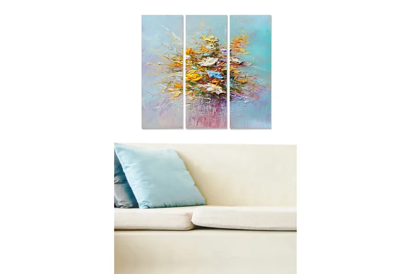 Puinen canvastaulu, 3 osaa, 50x70 cm - Värikäs kukkakimppu abstraktissa tyylissä, Keltainen / Sininen / Turkoosi