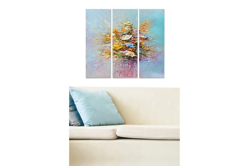 Puinen canvastaulu, 3 osaa, 50x70 cm - Värikäs kukkakimppu abstraktissa tyylissä, Keltainen / Sininen / Turkoosi
