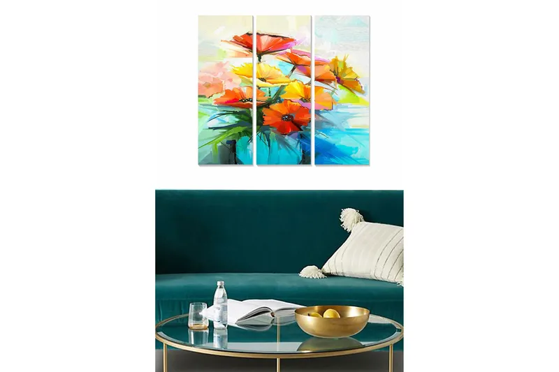 Puinen canvastaulu, 3 osaa, 50x70 cm - Värikäs kukkakimppu kirkkaissa sävyissä, Punainen / Keltainen / Vihreä