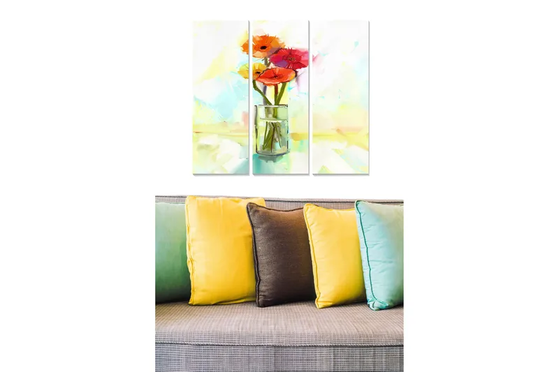 Puinen canvastaulu, 3 osaa, 50x70 cm - Värikäs kukkakimppu lasimaljakossa, Punainen / Oranssi / Vihreä