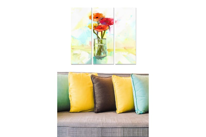 Puinen canvastaulu, 3 osaa, 50x70 cm - Värikäs kukkakimppu lasimaljakossa, Punainen / Oranssi / Vihreä