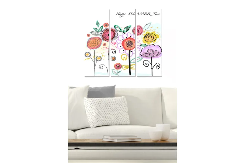 Puinen canvastaulu, 3 osaa, 50x70 cm - Värikäs kukkakimppu leikkisillä yksityiskohdilla, Vaaleanpunainen / Keltainen / Vihreä