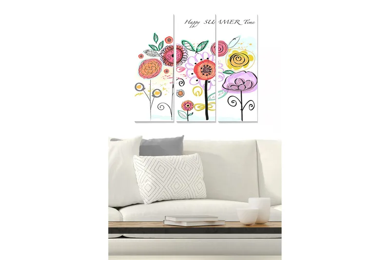 Puinen canvastaulu, 3 osaa, 50x70 cm - Värikäs kukkakimppu leikkisillä yksityiskohdilla, Vaaleanpunainen / Keltainen / Vihreä