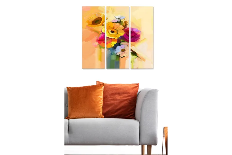 Puinen canvastaulu, 3 osaa, 50x70 cm - Värikäs kukkakimppu maljakossa, Keltainen / Vaaleanpunainen / Vihreä