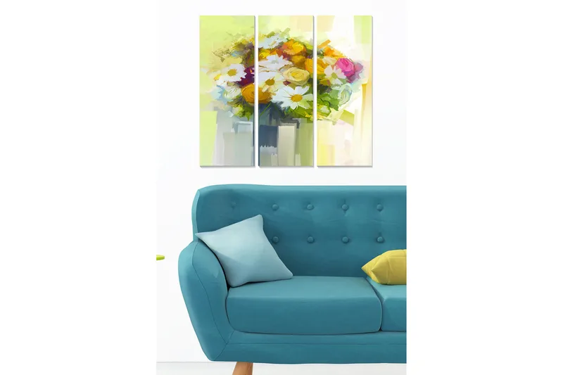 Puinen canvastaulu, 3 osaa, 50x70 cm - Värikäs kukkakimppu maljakossa - Keltainen / Vihreä / Valkoinen - Sisustustuotteet - Taulu & taide - Canvas-taulu