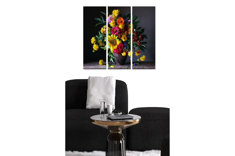 Puinen canvastaulu, 3 osaa, 50x70 cm - Värikäs kukkakimppu maljakossa, Keltainen / Punainen / Vihreä