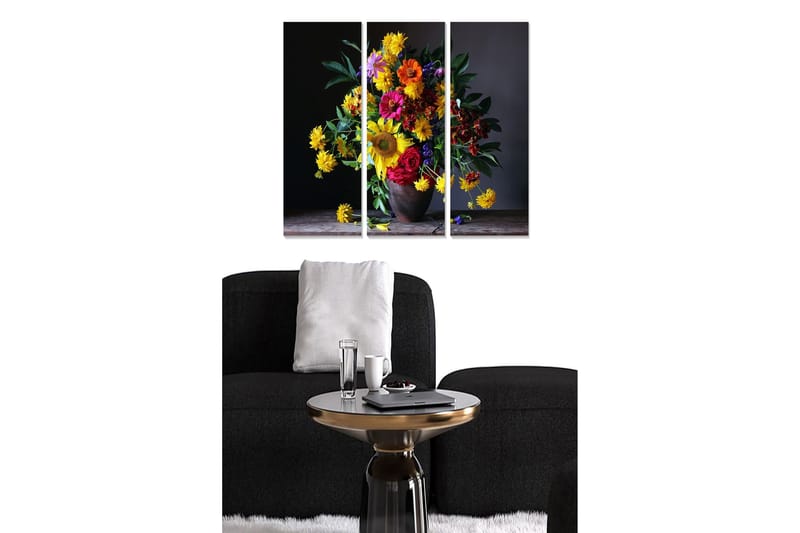 Puinen canvastaulu, 3 osaa, 50x70 cm - Värikäs kukkakimppu maljakossa, Keltainen / Punainen / Vihreä