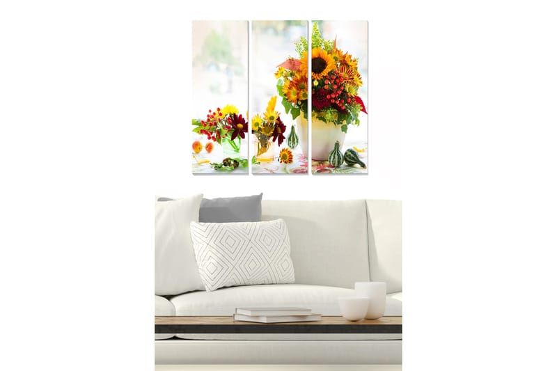 Puinen canvastaulu, 3 osaa, 50x70 cm - Värikäs kukkakimppu maljakossa, Keltainen / Punainen / Vihreä