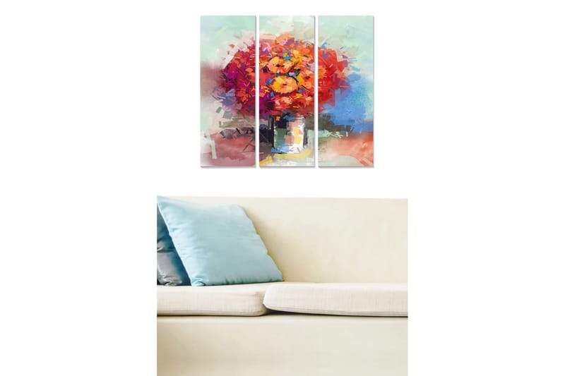 Puinen canvastaulu, 3 osaa, 50x70 cm - Värikäs kukkakimppu maljakossa, Oranssi / Violetti / Vihreä