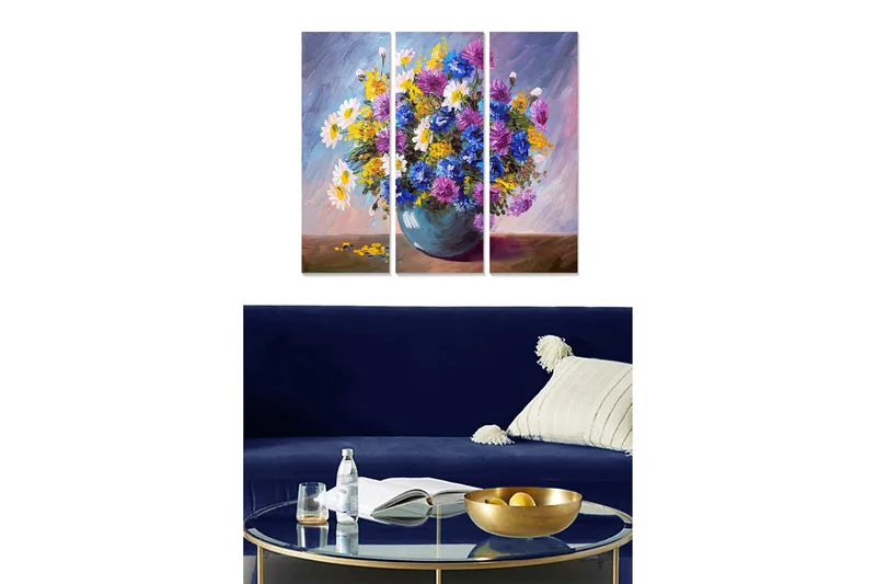 Puinen canvastaulu, 3 osaa, 50x70 cm - Värikäs kukkakimppu maljakossa, Violetti / Keltainen / Valkoinen