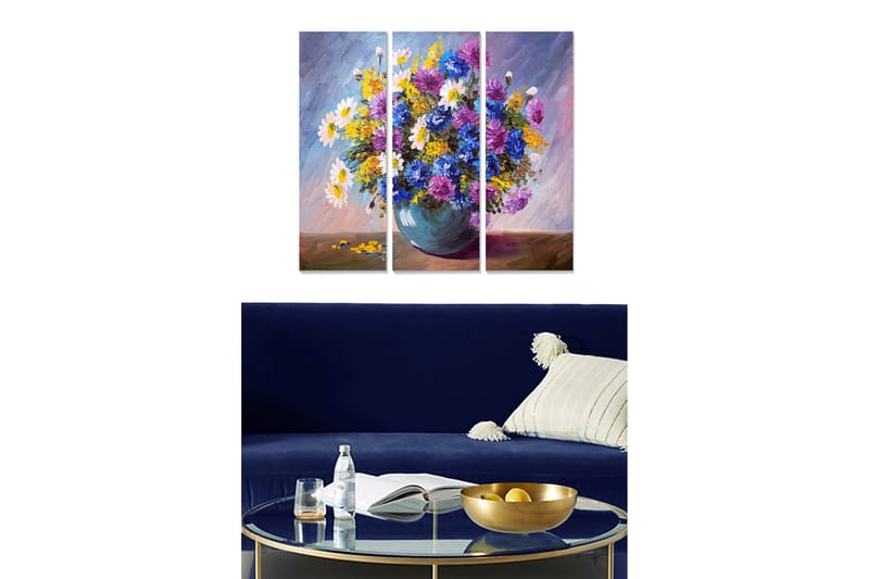 Puinen canvastaulu, 3 osaa, 50x70 cm - Värikäs kukkakimppu maljakossa, Violetti / Keltainen / Valkoinen