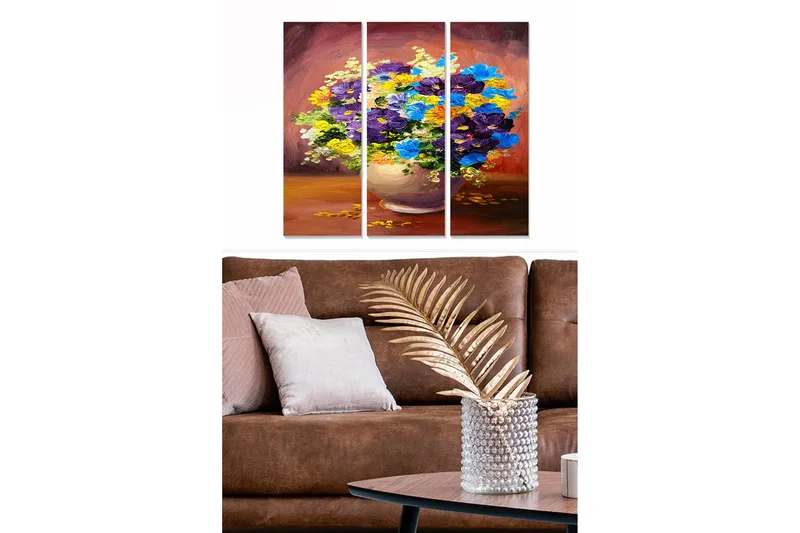 Puinen canvastaulu, 3 osaa, 50x70 cm - Värikäs kukkakimppu maljakossa, Violetti / Sininen / Keltainen