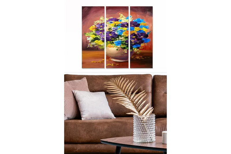 Puinen canvastaulu, 3 osaa, 50x70 cm - Värikäs kukkakimppu maljakossa, Violetti / Sininen / Keltainen