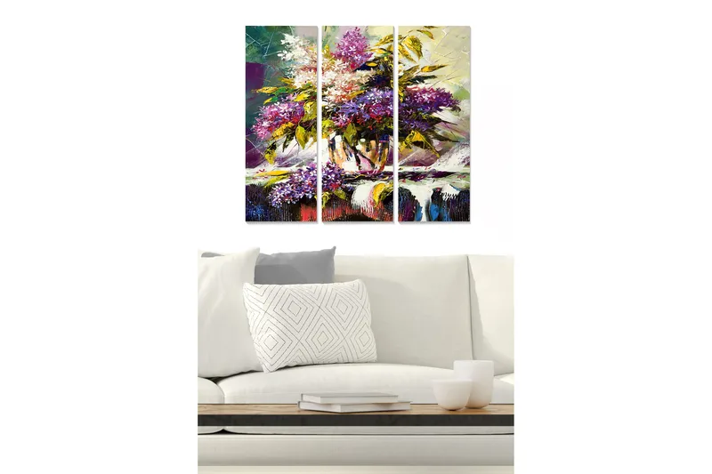Puinen canvastaulu, 3 osaa, 50x70 cm - Värikäs kukkakimppu maljakossa, Violetti / Vihreä / Valkoinen
