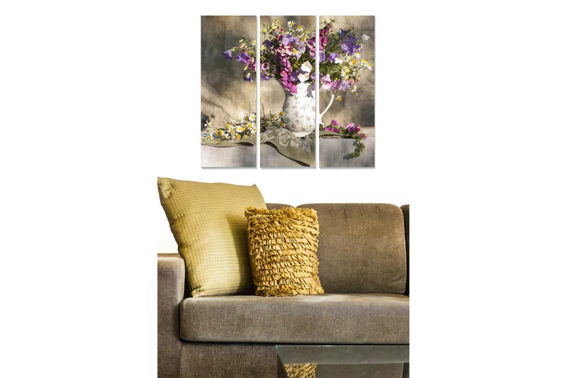 Puinen canvastaulu, 3 osaa, 50x70 cm - Värikäs kukkakimppu valkoisessa kannusta, Violetti / Valkoinen / Vihreä