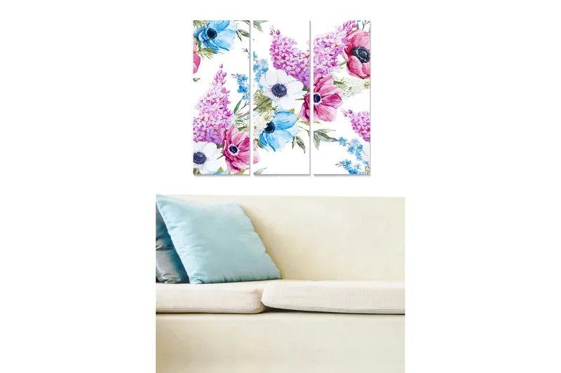 Puinen canvastaulu, 3 osaa, 50x70 cm - Värikäs kukkakimppu pastellisävyissä, Violetti / Sininen / Vaaleanpunainen