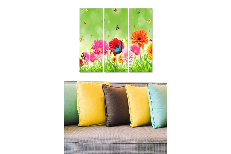 Puinen canvastaulu, 3 osaa, 50x70 cm - Värikäs kukkakimppu perhosilla vehreässä ympäristössä, Vaaleanpunainen / Oranssi / Vihreä