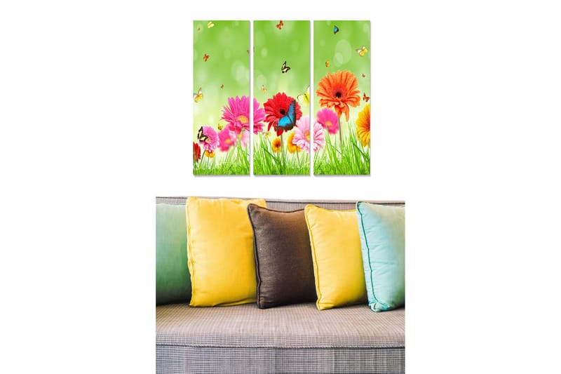 Puinen canvastaulu, 3 osaa, 50x70 cm - Värikäs kukkakimppu perhosilla vehreässä ympäristössä, Vaaleanpunainen / Oranssi / Vihreä