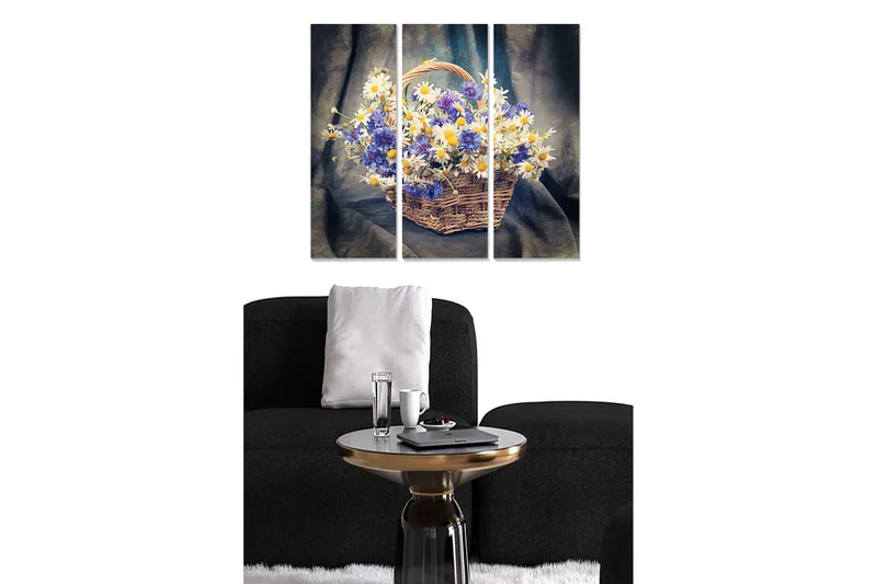 Puinen canvastaulu, 3 osaa, 50x70 cm - Värikäs kukkakori, Sininen / Valkoinen / Keltainen