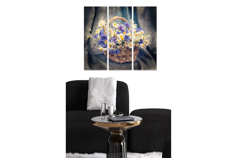 Puinen canvastaulu, 3 osaa, 50x70 cm - Värikäs kukkakori, Sininen / Valkoinen / Keltainen
