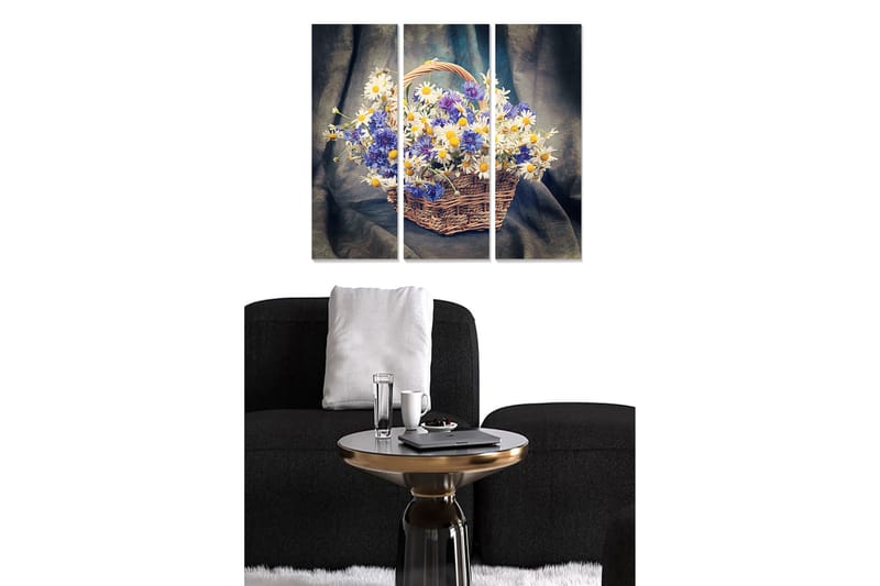 Puinen canvastaulu, 3 osaa, 50x70 cm - Värikäs kukkakori, Sininen / Valkoinen / Keltainen