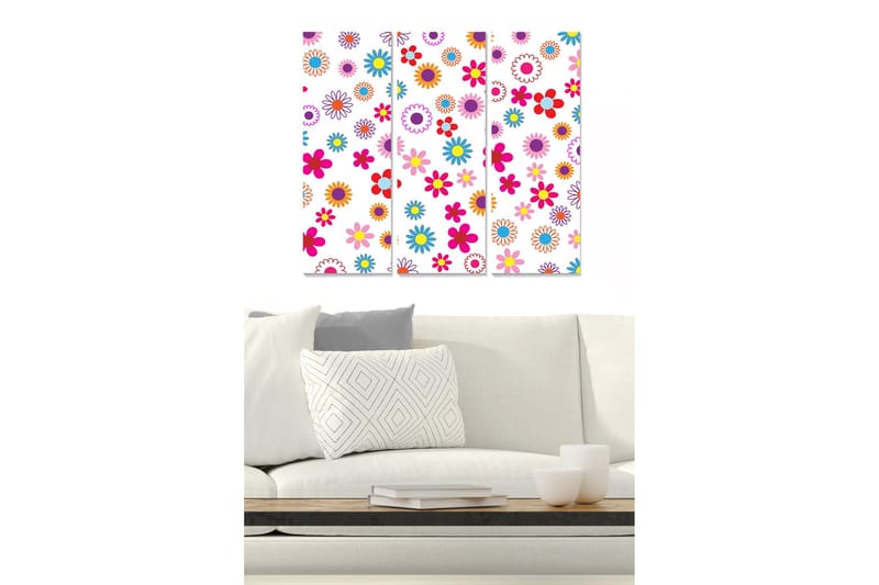 Puinen canvastaulu, 3 osaa, 50x70 cm - Värikäs kukkakuosi vaihtelevilla kukilla, Vaaleanpunainen / Sininen / Oranssi